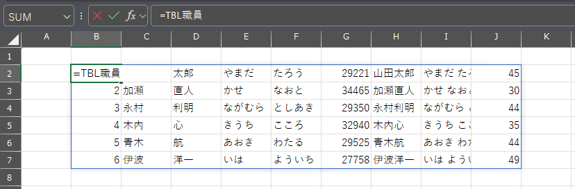 Excel テーブル名範囲指定方法 テーブル内容全体