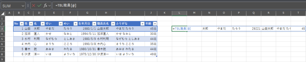 Excel テーブル名範囲指定方法 行指定