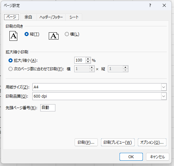 Excel ページ設定画面