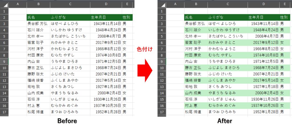Excel 1行おき色付け 条件付き書式設定 完成イメージ